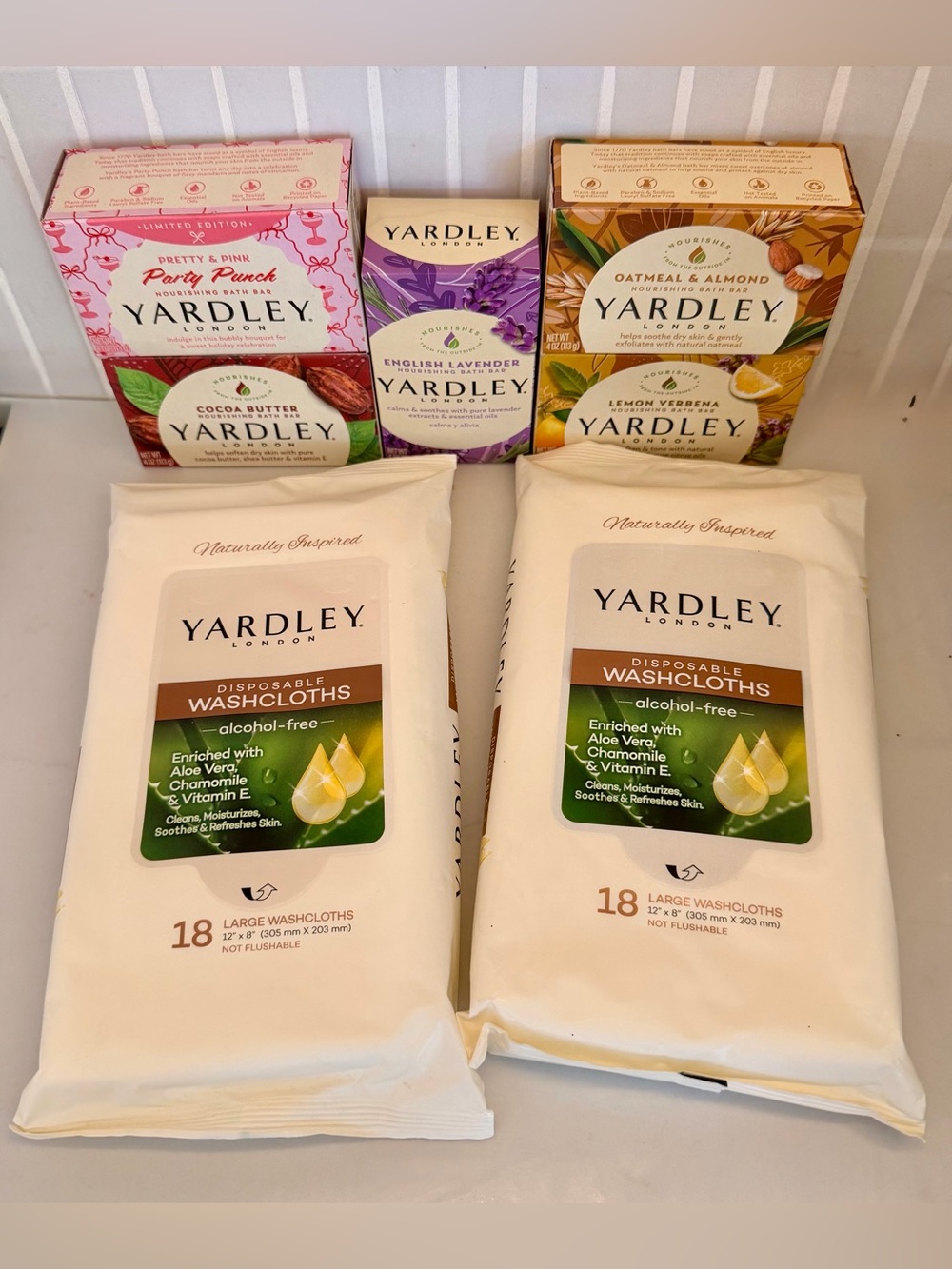 Yardley London NEW Soaps (5) & Lg Disposable Washcloths 18 Count (Pack of 2)